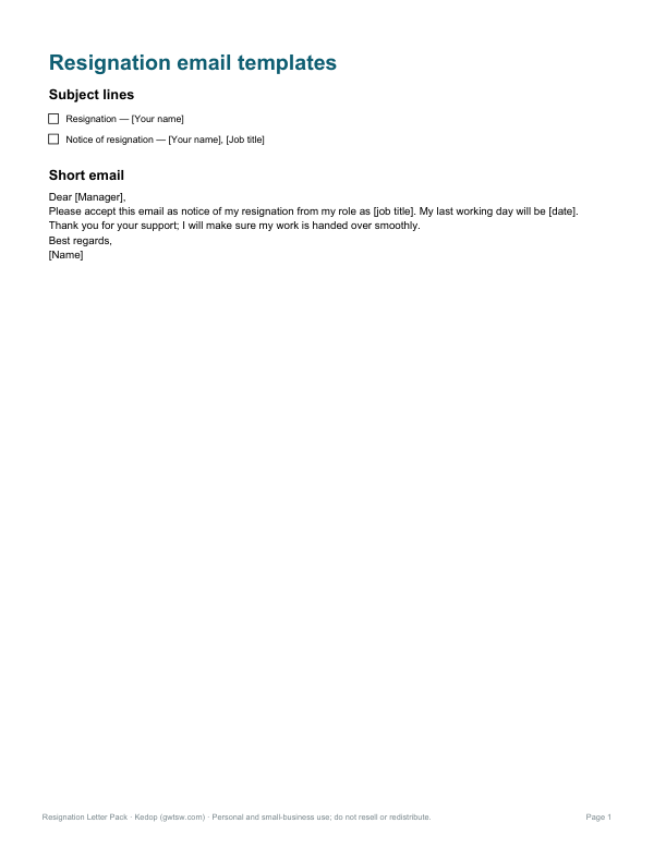 Preview of Printable Resignation Email Templates
