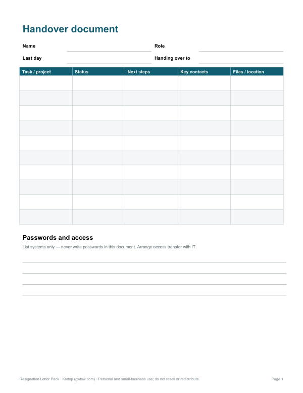 Preview of Printable Handover Document