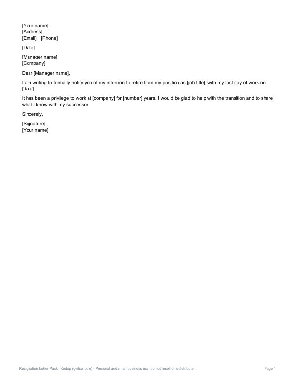 Preview of Printable Retirement Letter Template
