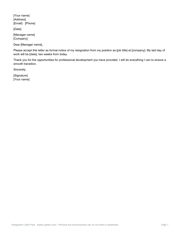 Preview of Two Weeks’ Notice Letter Template