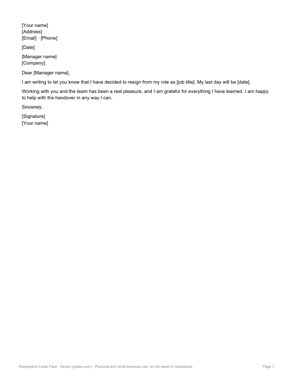 Preview of Two Weeks Notice Letter Template
